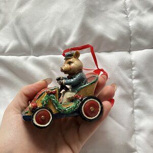Vintage 90s YK Hand Painted Glazed Pig Driving Car Christmas Ornament Holiday